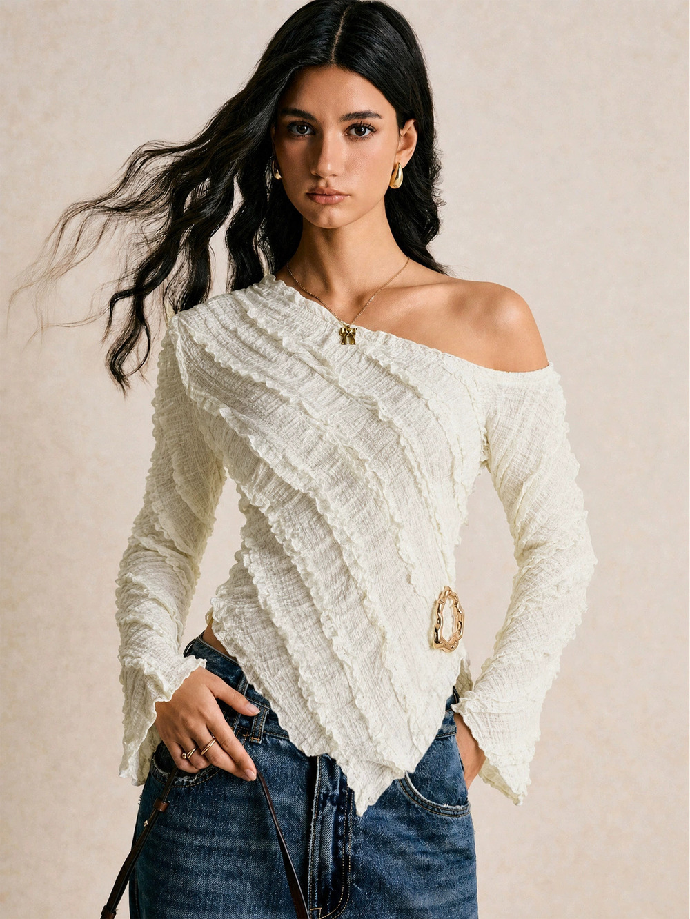 ZARA French Textured Off Shoulder Flare Sleeve Top Irregular Hem Slimming Long